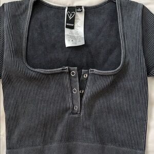 Windsor Charcoal Gray Ribbed Square-Neck Crop Top with Snap Placket